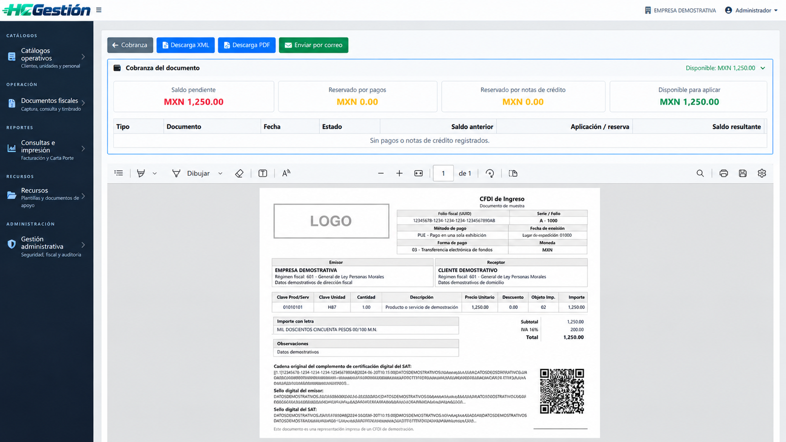 Representación impresa en PDF de una Carta Porte de Ingreso con datos ficticios