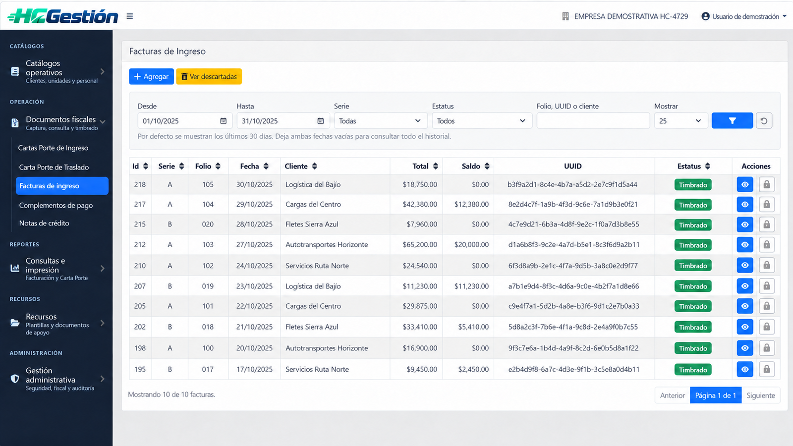 Listado demostrativo de Facturas de Ingreso con datos ficticios